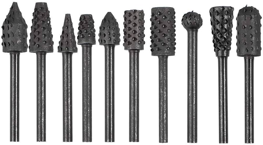 Rotary Burr Rasp Set 5Pcs Wood Carving File Drill Bits 1/4 Inch Round Shank Chisel Shaped Embossed