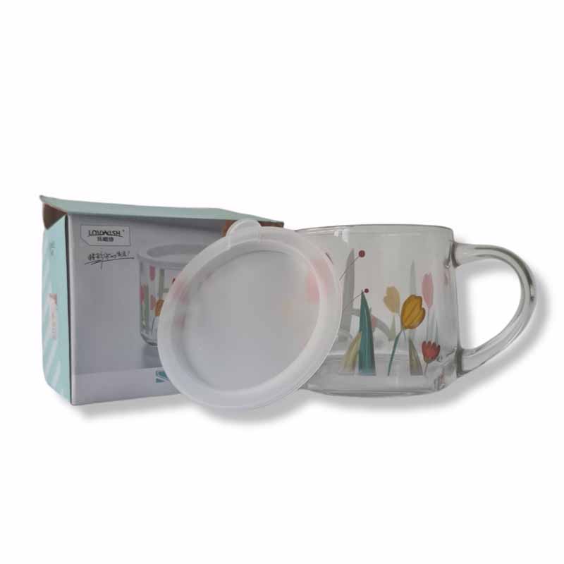 TULIPS GLASS MUG WITH LID (380ML)